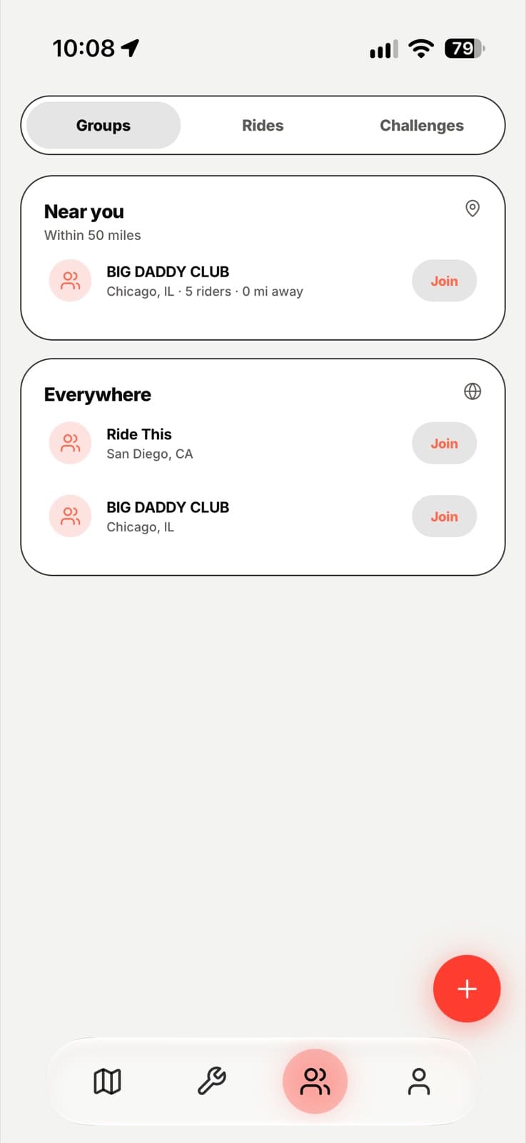 Groups near you and elsewhere, each with a join button.