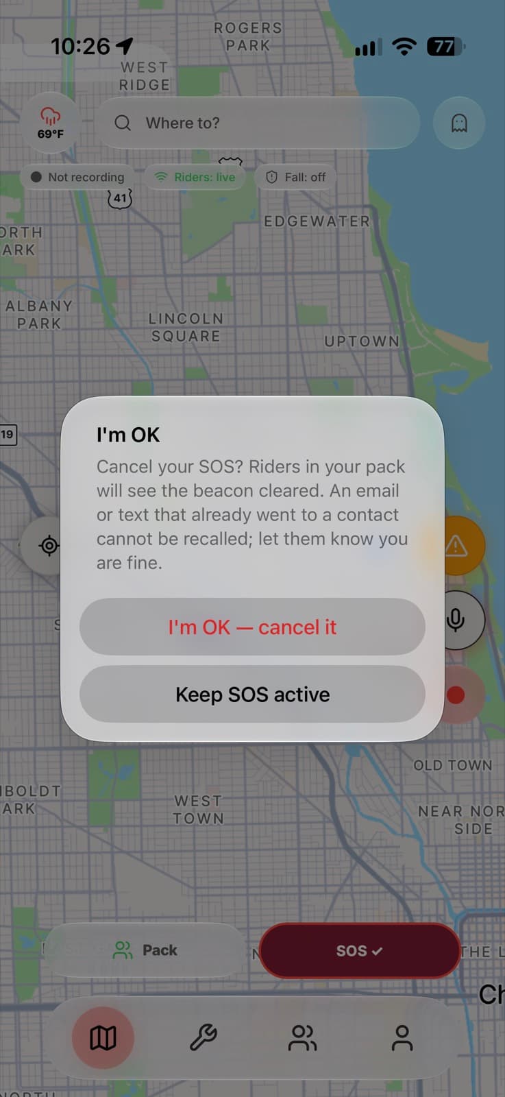An active SOS on the map, offering to cancel it or keep it active.